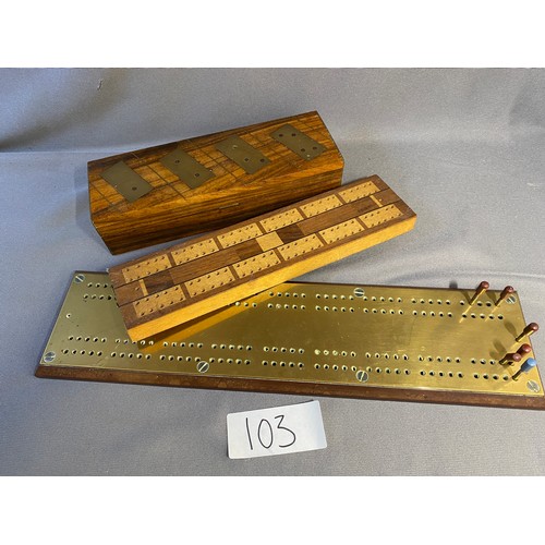 103 - Brass topped cribbage board + brass banded wooden dominoes box