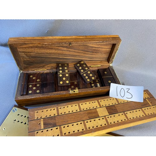 103 - Brass topped cribbage board + brass banded wooden dominoes box