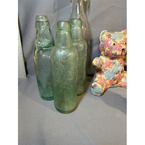 213 - Selection of china and glass including 3 x vintage collectable green glass bottles