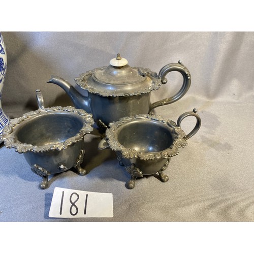 181 - Blue and white ceramic lidded jar and metal tea pot set