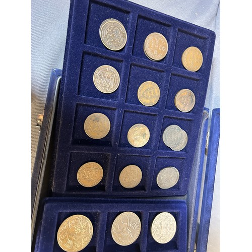 309 - Coin box containing UK crowns and Jersey and Guernsey pennies from 1923-1959