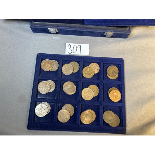 309 - Coin box containing UK crowns and Jersey and Guernsey pennies from 1923-1959