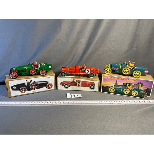 397 - 3 x replica tin plate cars -
in boxes with keys