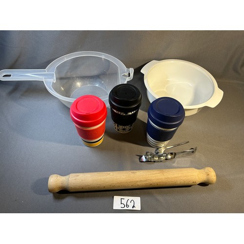 562 - Rolling Pin, Plastic bowls, 3 x reusable travel mugs + Tin opener