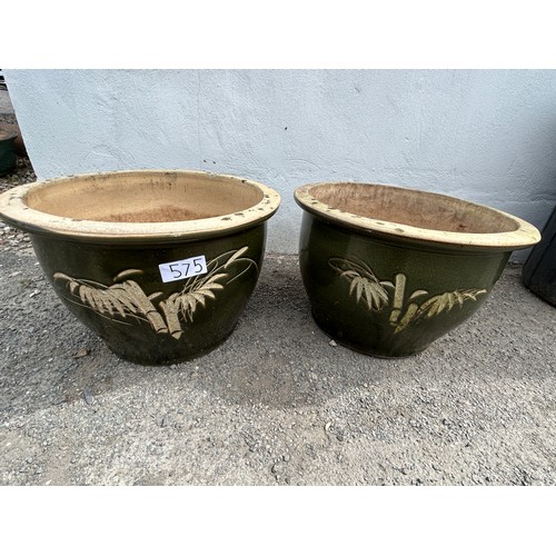 575 - 2 x large green matching pots - 47cm diameter x 31cm tall