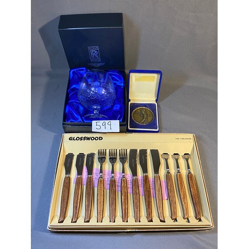 599 - Miscellaneous items - to include presentation brandy glass (Rolls Royce) and boxed cutlery