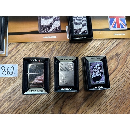 862 - Zippo lighters with magazines and collectors box - partial collection