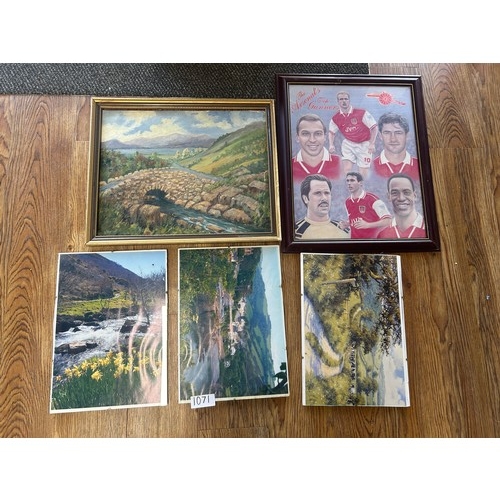 1071 - 3 x Photos, 1 x Arsenal print + Oil on board signed L Bailey