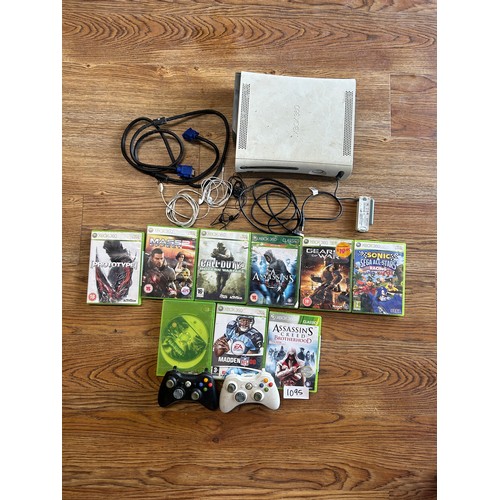 1095 - Xbox 360 (missing cables), Xbox Games and controller + 2 x earphones + misc. cables