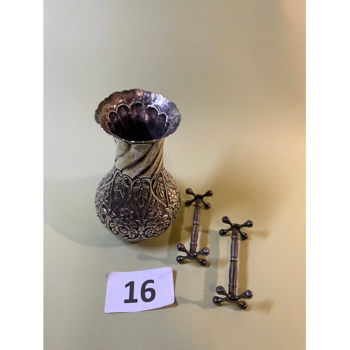 16 - Ornate white metal vase and pair of knife rests