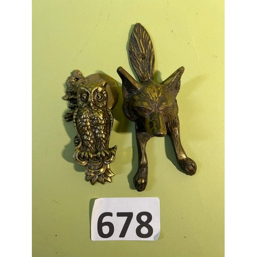 678 - Brass fox & owl door knockers