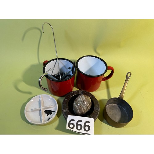 666 - Selection of kitchen hooks, 2 x enamel mugs, ashtrays, decorative egg & small copper pan