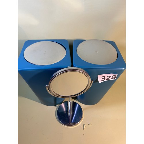 328 - 2 x table top bins and bathroom shaving/makeup mirror