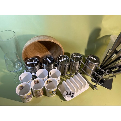 341 - Kitchenalia - to include mugs, storage jars and knife set.