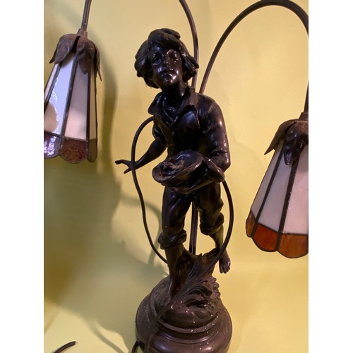 452 - Double light table lamp - believed to be bronze and signed L & F Moreau.  Second smaller lamp has pl... 