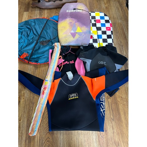 536 - Selection of watersport/beach accessories : 3 wetsuits sizes S/XXL/S, 2 x bodyboards and a beach pop... 