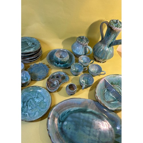 64 - Turquoise glazed studio stoneware dinner service set