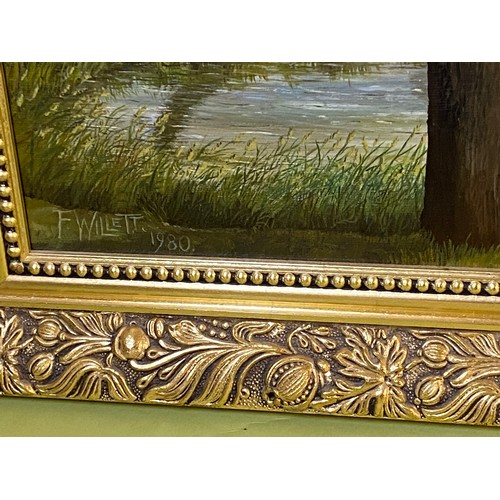 575 - Oil painting of Danbury village pond, Essex in ornate gilt frame 62cms x 84cms approx. Signed F Will... 