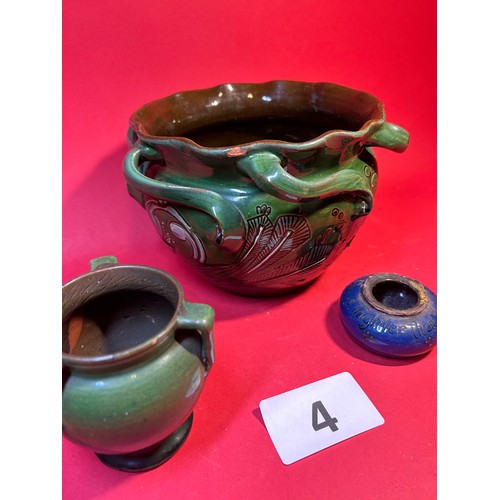 4 - Glazed flower/plant pot - signed C.H Brannam 1906, C.H Brannam 'Trophy Vase' in green glaze & 'The p... 