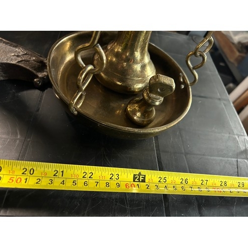 679 - Vintage brass balance scales with weights. 85cms (H) x 73cms (W) approx.