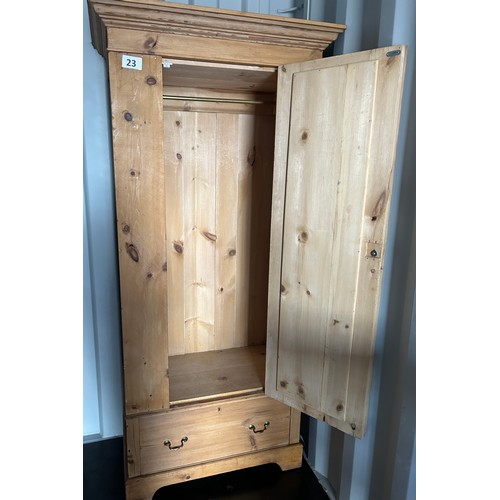 23 - Waxed pine wardrobe with mirror in door and drawer under - 193cms(H) x 89cms(W) x 49cms(D) approx.