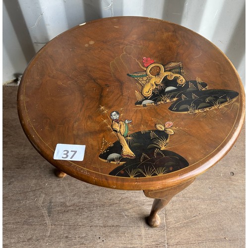 37 - Circular occasional table with decorated top- 60cms x 41cms