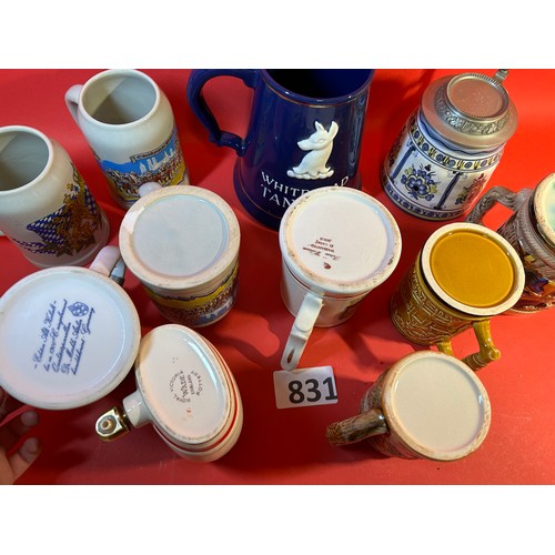 831 - Selection of various tankards + Wade Scotch barrel decanter