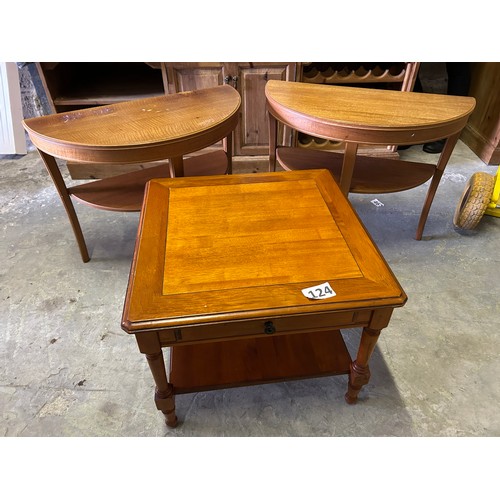 124 - Coffee table and 2 x occasional demi lune tables with shelf under