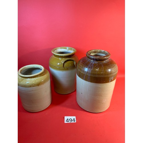 494 - 3 x stoneware storage jars - largest 35cms approx.