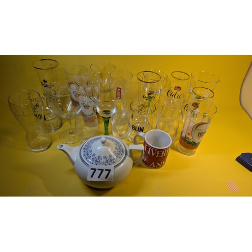 777 - Selection of glasses (some branded) and Wedgwood teapot