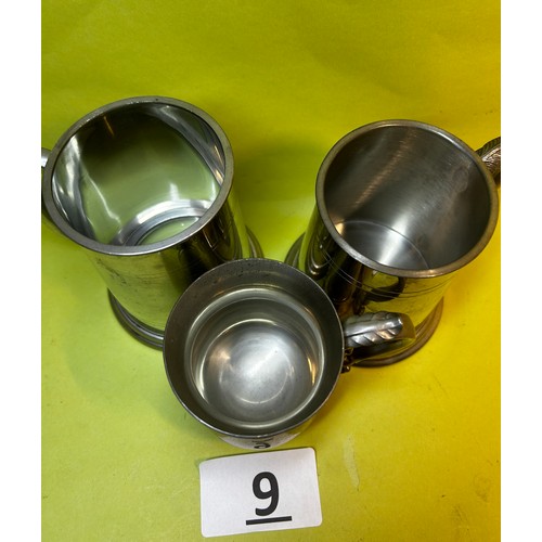 9 - 3 x pewter tankards - one with Masonic marks to base