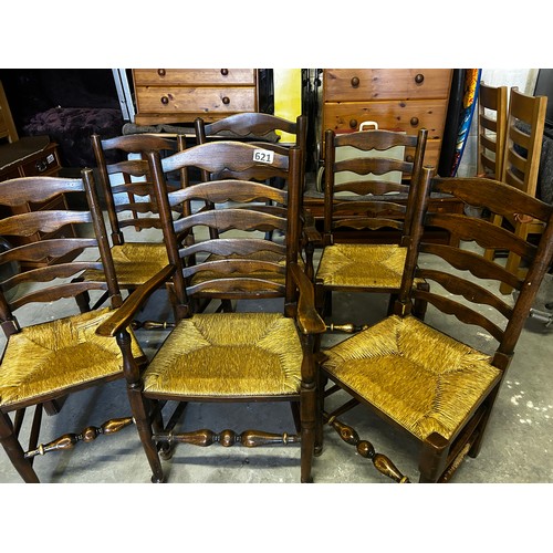 621 - 4 x rush seated dining chairs + 2 x rush seated carvers