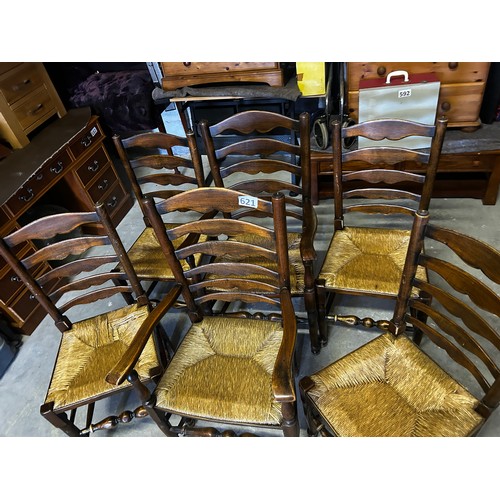 621 - 4 x rush seated dining chairs + 2 x rush seated carvers