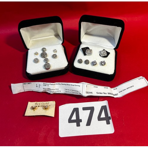 474 - Diamond platinum overlay silver earrings and others