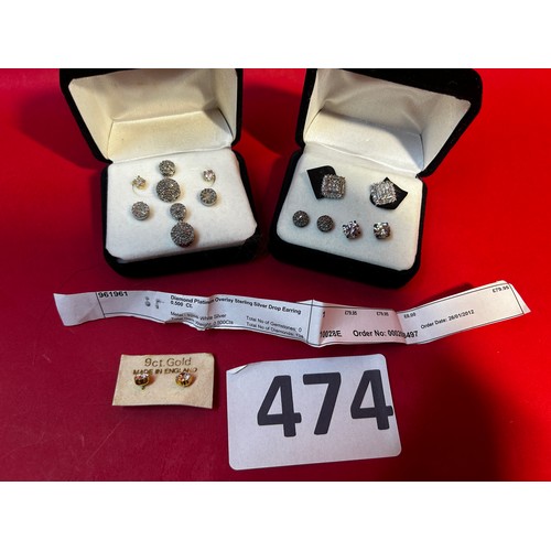 474 - Diamond platinum overlay silver earrings and others