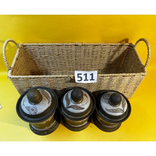 511 - Vintage brass tea, coffee, sugar canisters with wicker basket