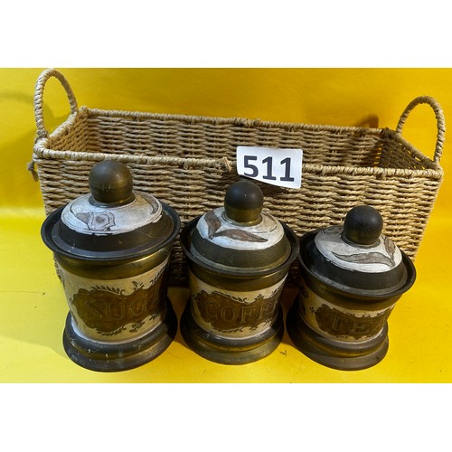 511 - Vintage brass tea, coffee, sugar canisters with wicker basket