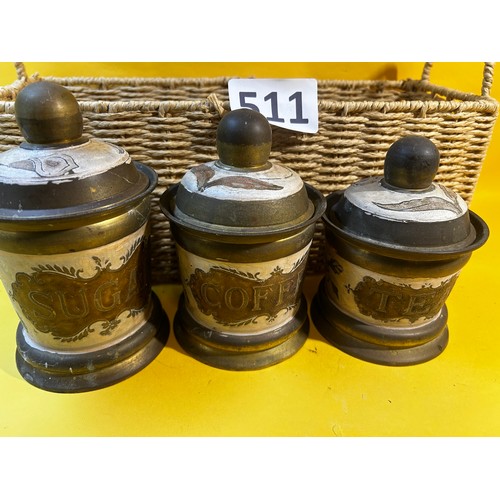 511 - Vintage brass tea, coffee, sugar canisters with wicker basket