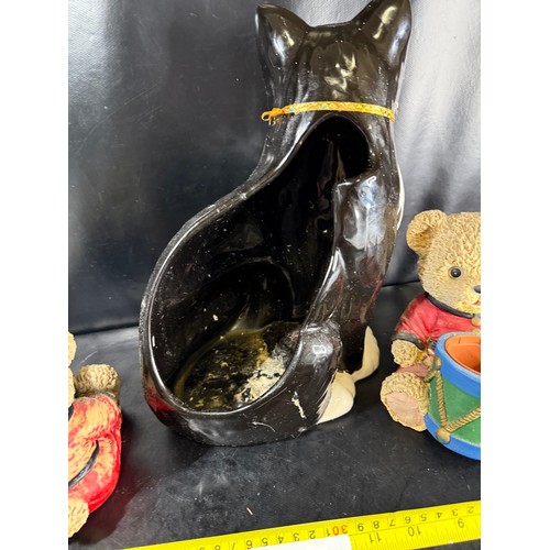 27 - Ceramic Cat Figure with Teddy Bear Planters