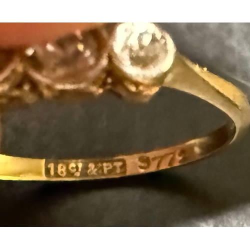 12 - 18ct yellow gold and platinum three stone ring, stamped “18CT & PT”. Approximate weight 1.61g (S... 