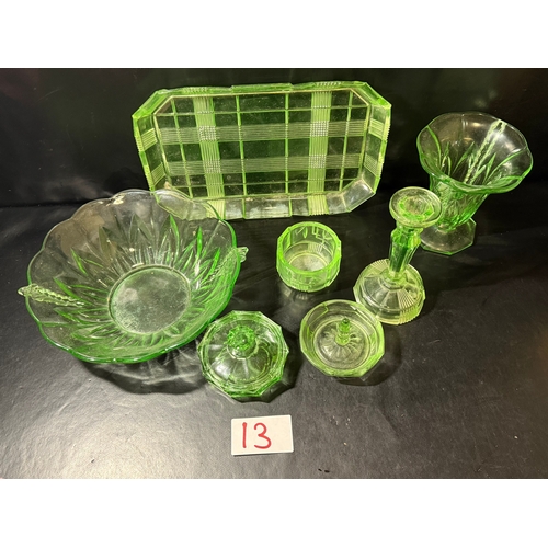 13 - Collection of uranium glass dressing table items etc