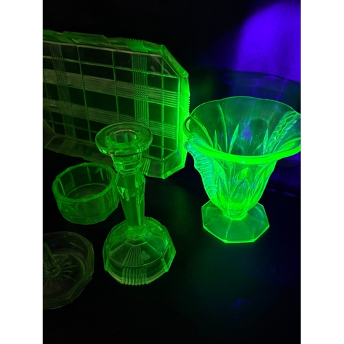 13 - Collection of uranium glass dressing table items etc
