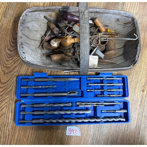 393 - Mixed Tools including Drill Bit Set and Vintage Hand Tools Contained in vintage trug