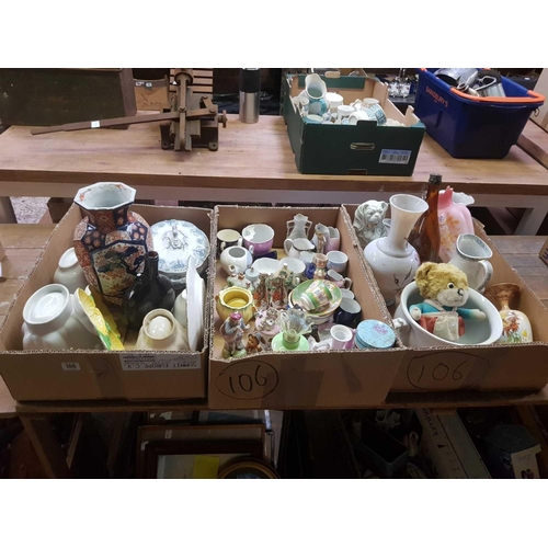 106 - 3 CARTONS OF MIXED CHINAWARE INCL: CUPS, JUGS, CHAMBER POTS, SOUP TUREEN, JELLY MOULDS & FIGURINES