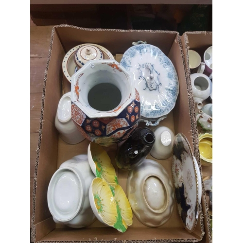 106 - 3 CARTONS OF MIXED CHINAWARE INCL: CUPS, JUGS, CHAMBER POTS, SOUP TUREEN, JELLY MOULDS & FIGURINES