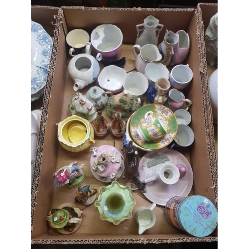 106 - 3 CARTONS OF MIXED CHINAWARE INCL: CUPS, JUGS, CHAMBER POTS, SOUP TUREEN, JELLY MOULDS & FIGURINES