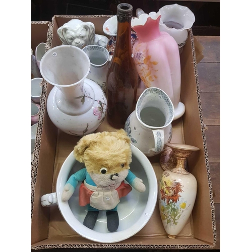 106 - 3 CARTONS OF MIXED CHINAWARE INCL: CUPS, JUGS, CHAMBER POTS, SOUP TUREEN, JELLY MOULDS & FIGURINES