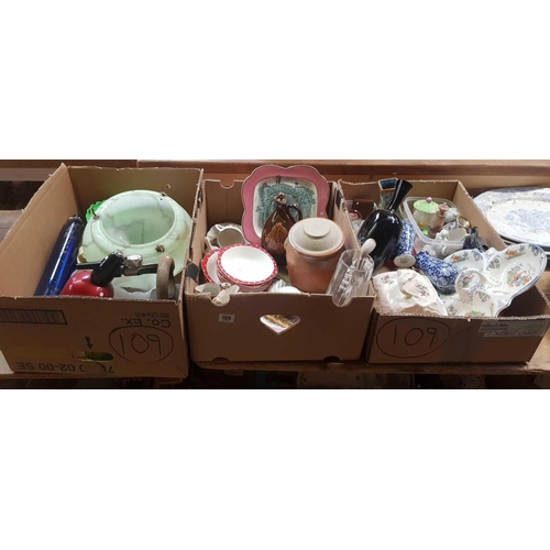 109 - 3 CARTONS OF GLASS & CHINA INCL: BLUE GLASS ROLLING PIN, LIGHT GREEN LIGHTING FIXTURE, CUPS & SAUCER... 