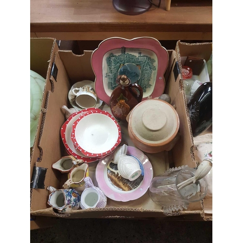 109 - 3 CARTONS OF GLASS & CHINA INCL: BLUE GLASS ROLLING PIN, LIGHT GREEN LIGHTING FIXTURE, CUPS & SAUCER... 