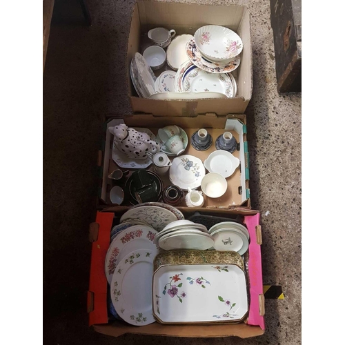 110 - 3 CARTONS OF MIXED CHINAWARE PLATES, BOWLS, SPOTTED DOG TEA POT & METAL TRIVET